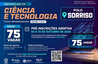 Sorriso tem 75 vagas para graduação da UFMT pelo sistema UAB