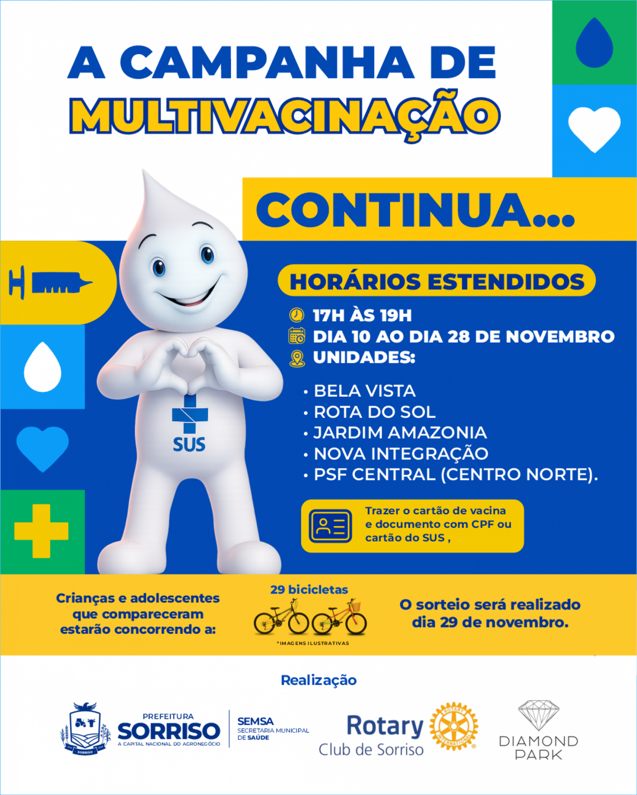 Sorriso reforça campanha de Multivacinação com horário estendido e sorteio de bicicletas